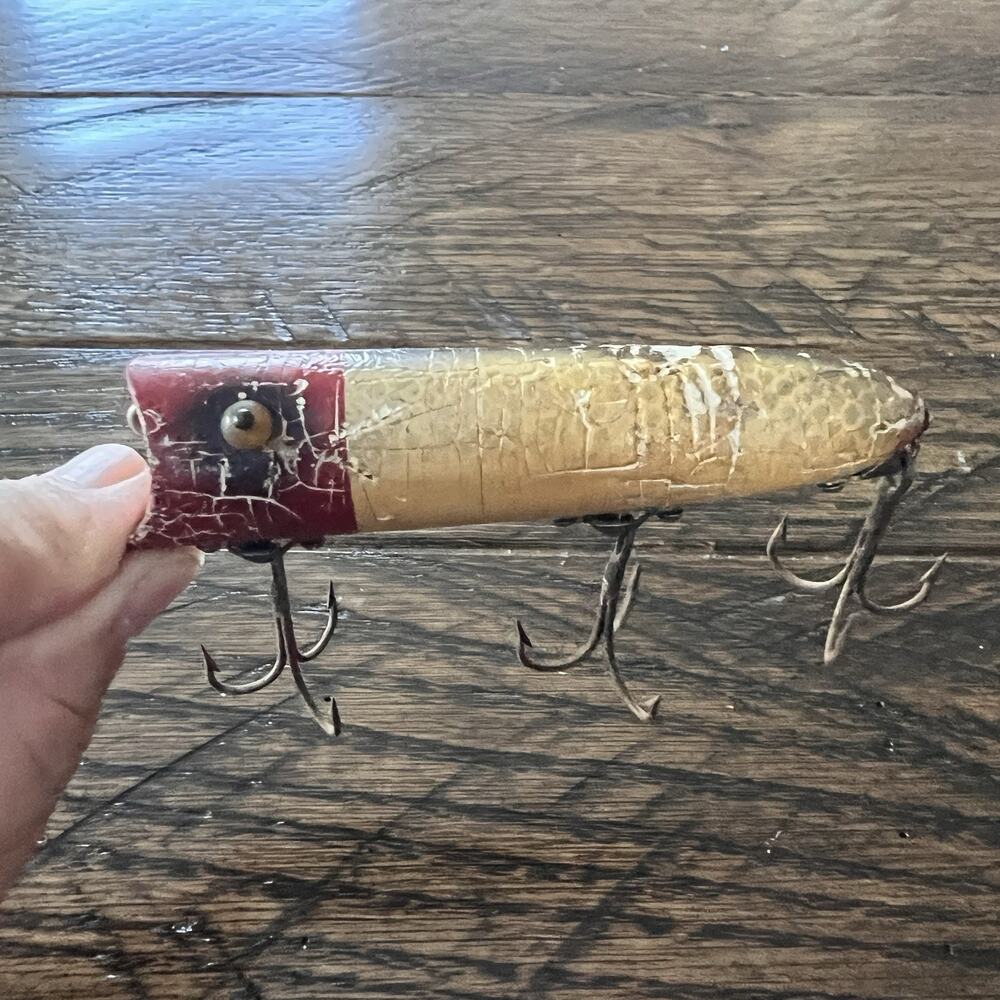 Vintage Old Heddon Lucky 13 Wood Fishing Lure w/ 3 Treble Hooks